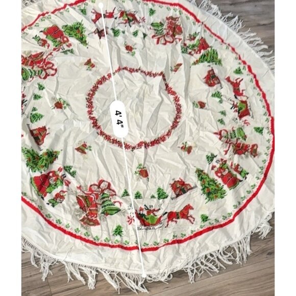 VTG MCM Christmas Tablecloth Round Fringed Santa Trees Bells Holiday Table Read - Picture 11 of 12